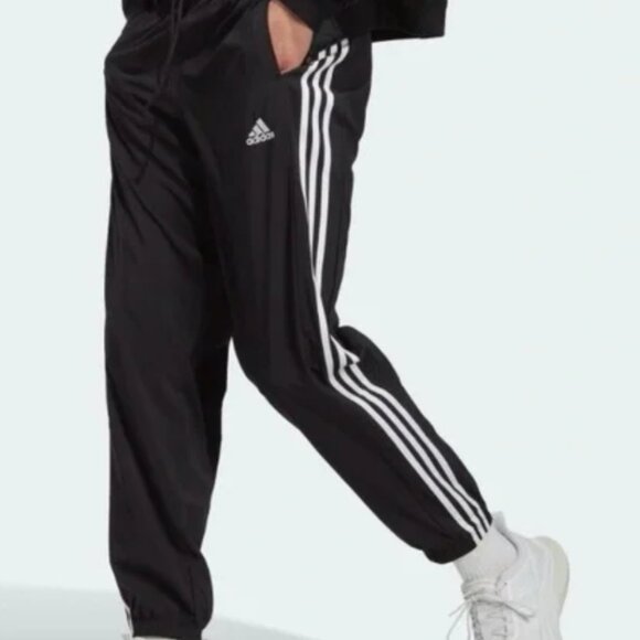 Adidas Black 3 Stripe Track Pants Size L Drawstring Waist Joggers Pockets Tricot - Picture 1 of 6